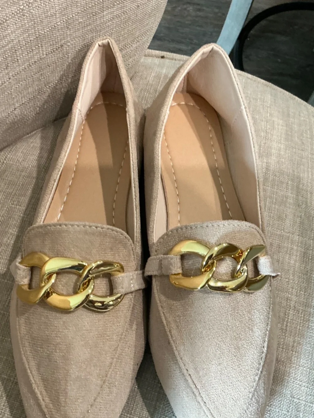 Beige Pointed Toe Loafers with Gold Chain Detail